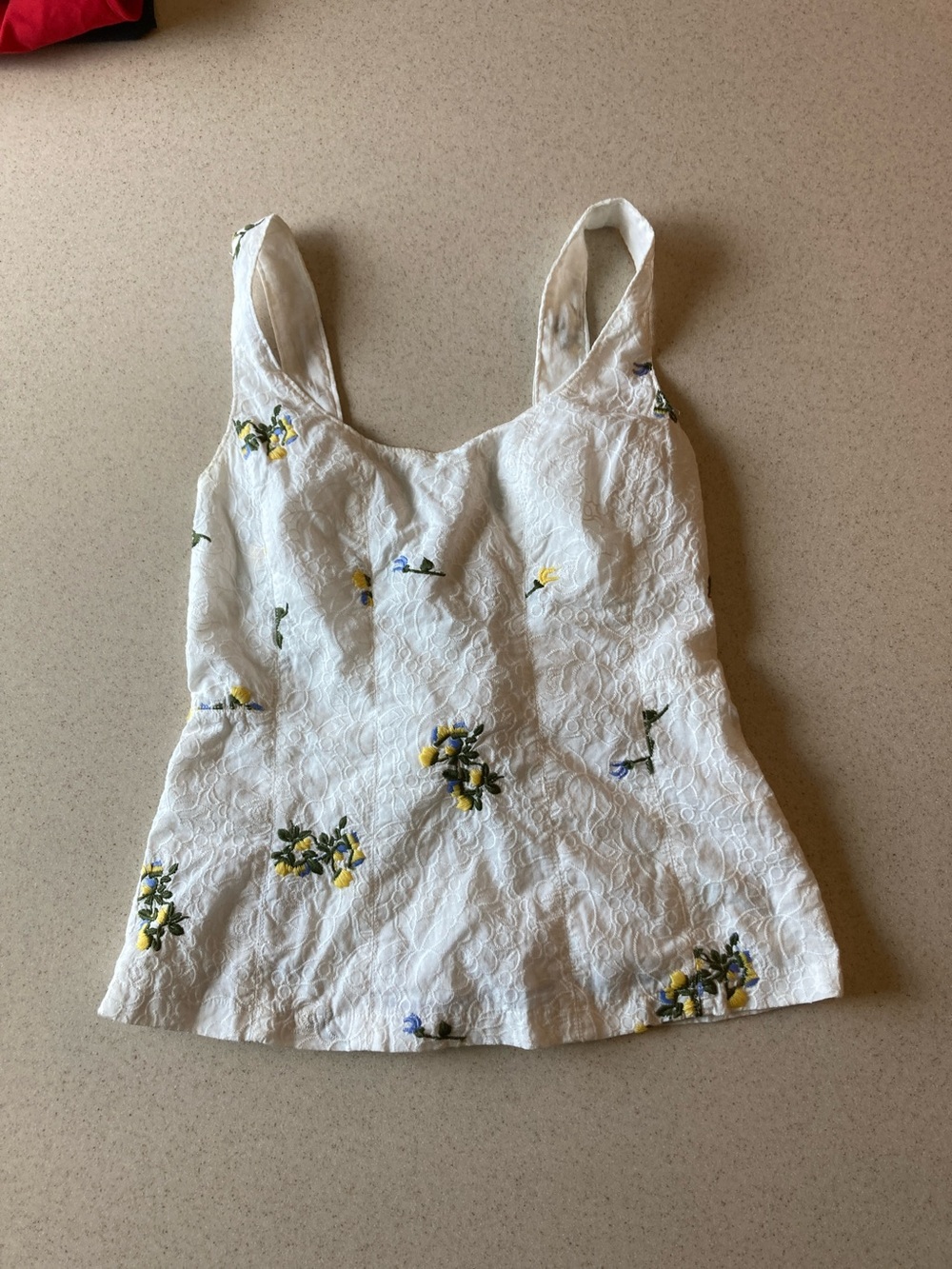 Anthropologie White Eyelet Tank w/ Yellow Green Floral Embroidery Women Size 2
